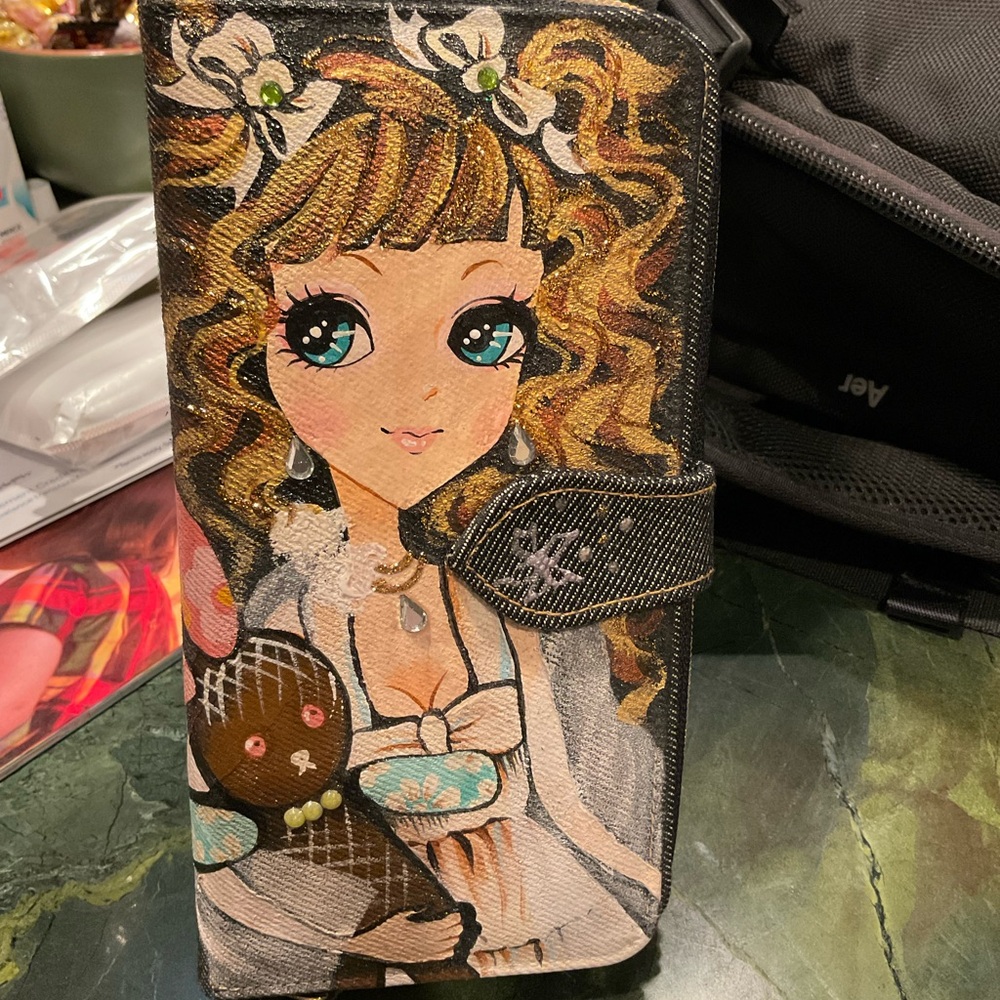 Hand-painted Rhinestones Denim Jean Fold Wallet with Girl Holding Rabbit NWOT